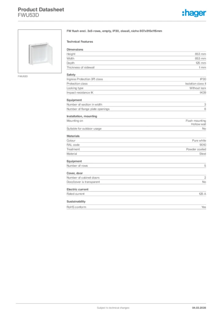 Image Hager Product data sheet FWU53D  | Hager Africa