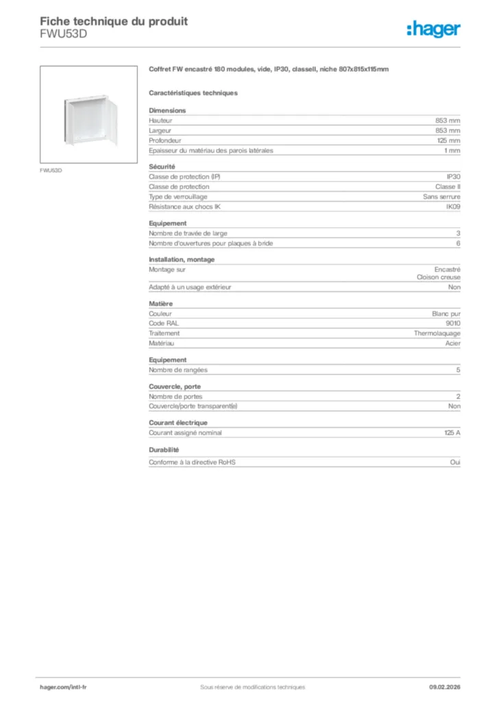 Image Hager Fiche technique du produit FWU53D | Hager Afrique