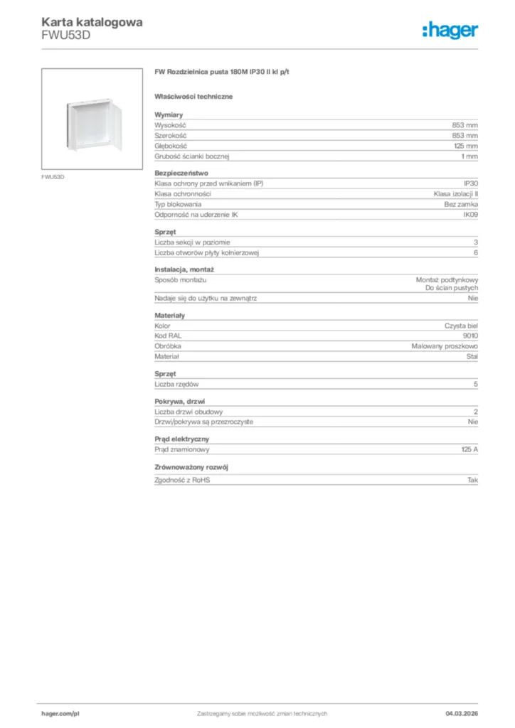 Zdjęcie Hager Karta katalogowa FWU53D | Hager Polska