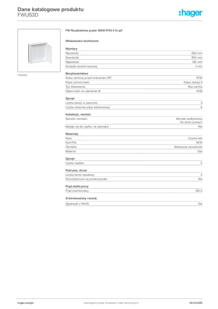 Zdjęcie Hager Dane katalogowe produktu FWU53D | Hager Polska