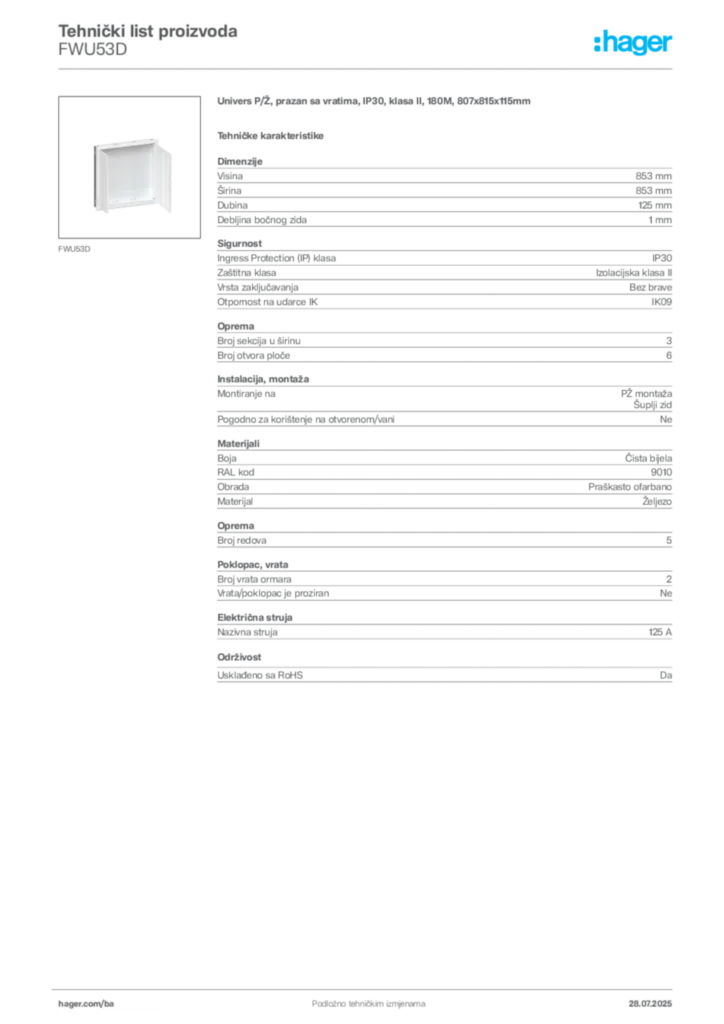 Slika Hager Product data sheet FWU53D  | Hager