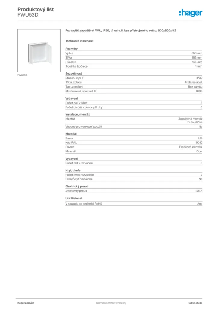 Obrázek Hager Product data sheet FWU53D | Hager