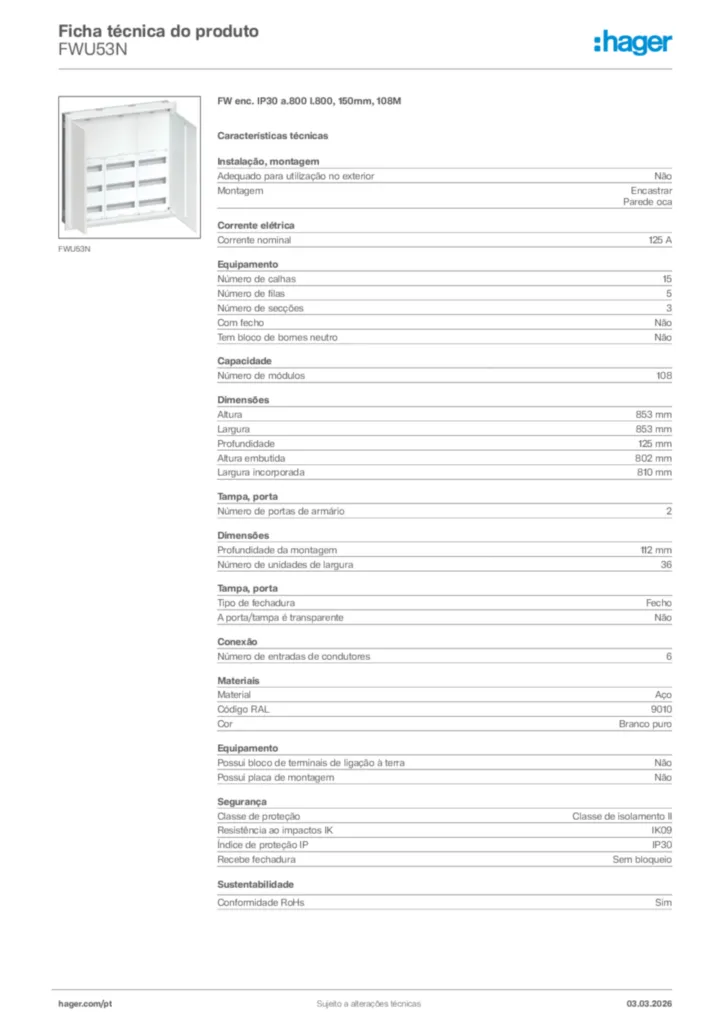 Imagem Hager Ficha técnica do produto FWU53N | Hager Portugal