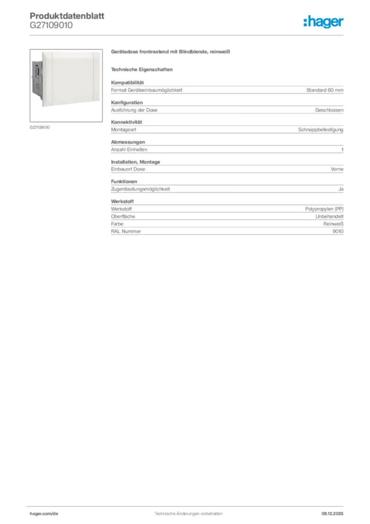 Bild Hager Produktdatenblatt G27109010 | Hager Deutschland