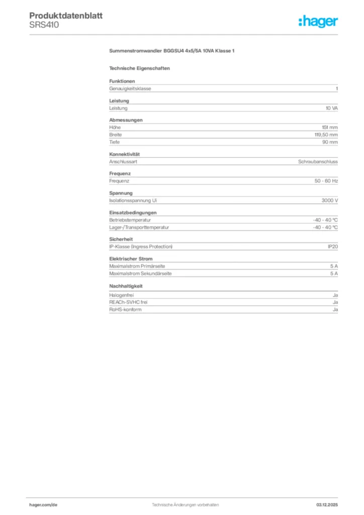 Bild Hager Produktdatenblatt SRS410 | Hager Deutschland