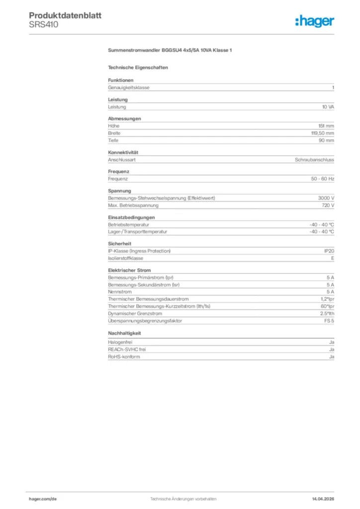 Bild Hager Produktdatenblatt SRS410 | Hager Deutschland