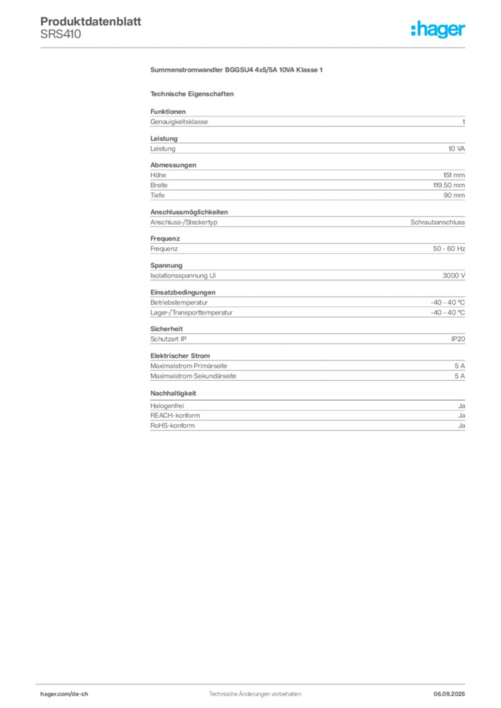 Bild Hager Produktdatenblatt SRS410 | Hager Schweiz
