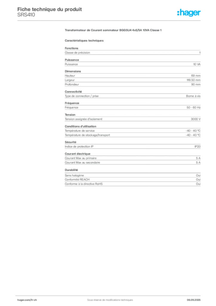 Image Hager Fiche technique du produit SRS410 | Hager Suisse