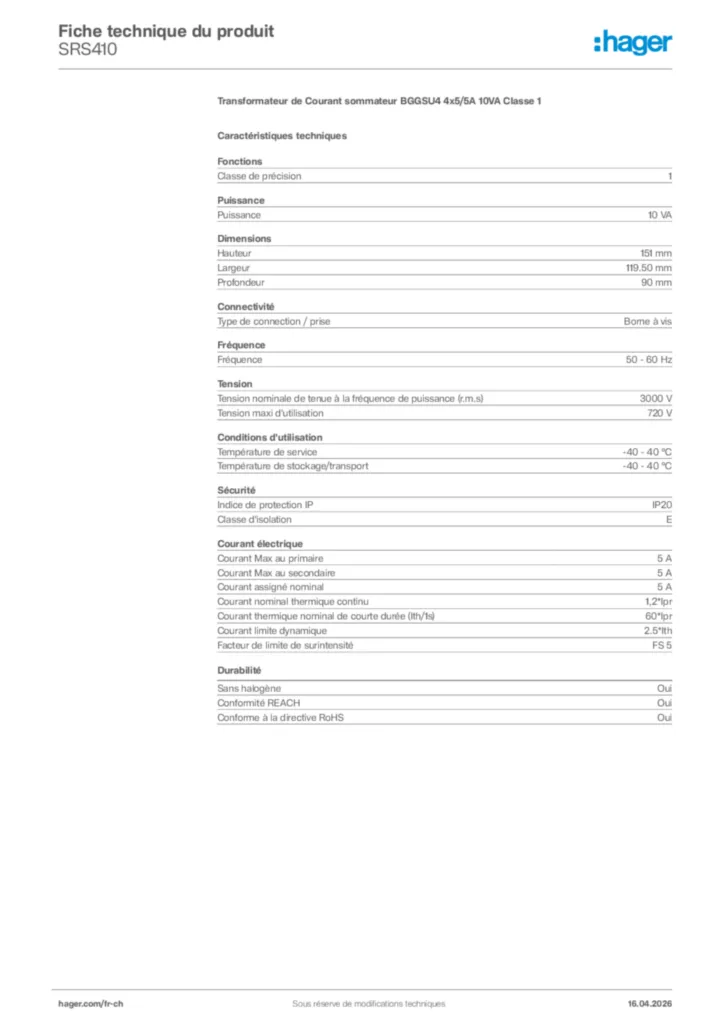 Image Hager Fiche technique du produit SRS410 | Hager Suisse