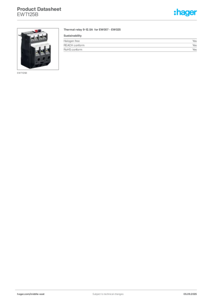 Image Hager Product data sheet EWT125B  | Hager