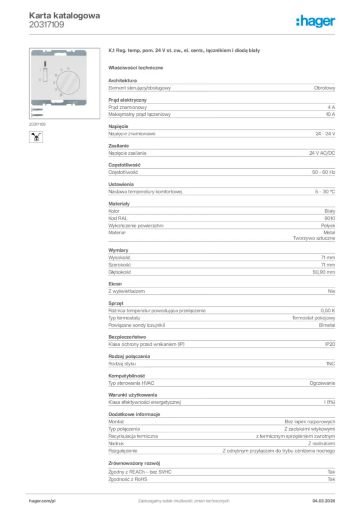 Zdjęcie Hager Karta katalogowa 20317109 | Hager Polska