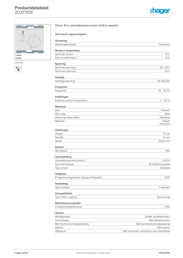 Afbeelding Hager Productdatablad 20317109 | Hager Nederland