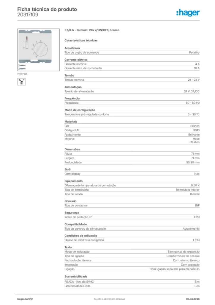 Imagem Hager Ficha técnica do produto 20317109 | Hager Portugal
