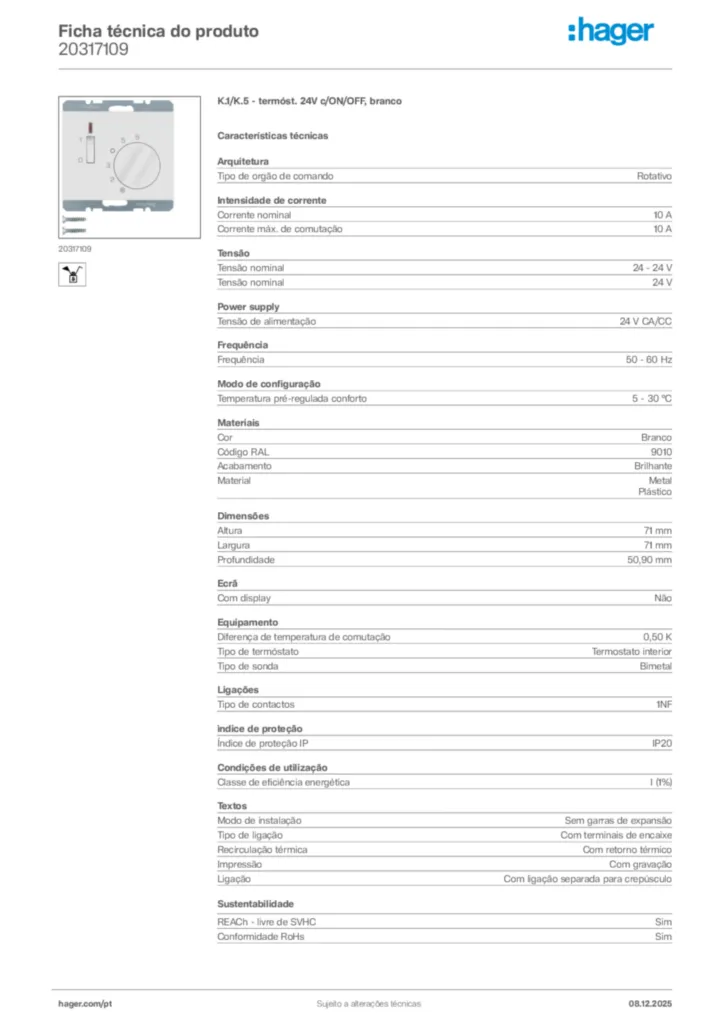 Imagem Hager Ficha técnica do produto 20317109 | Hager Portugal
