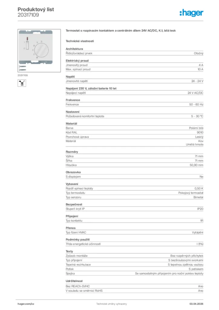 Obrázek Hager Product data sheet 20317109 | Hager