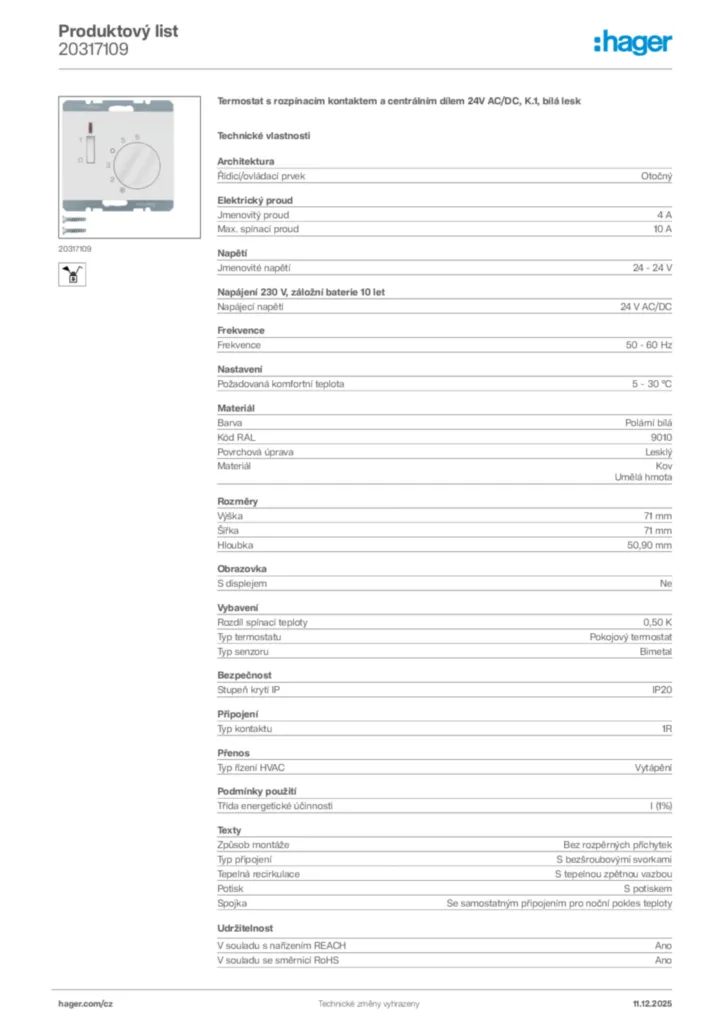 Obrázek Hager Produktový list 20317109 | Hager