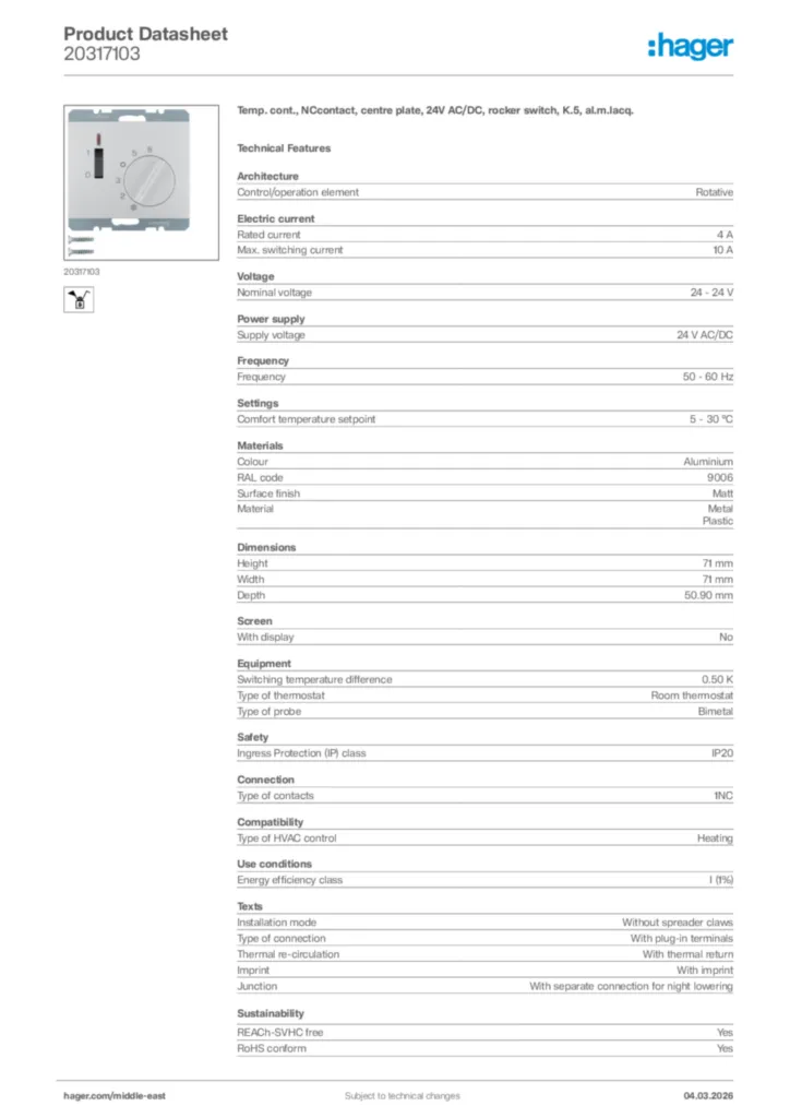 Image Hager Product data sheet 20317103  | Hager