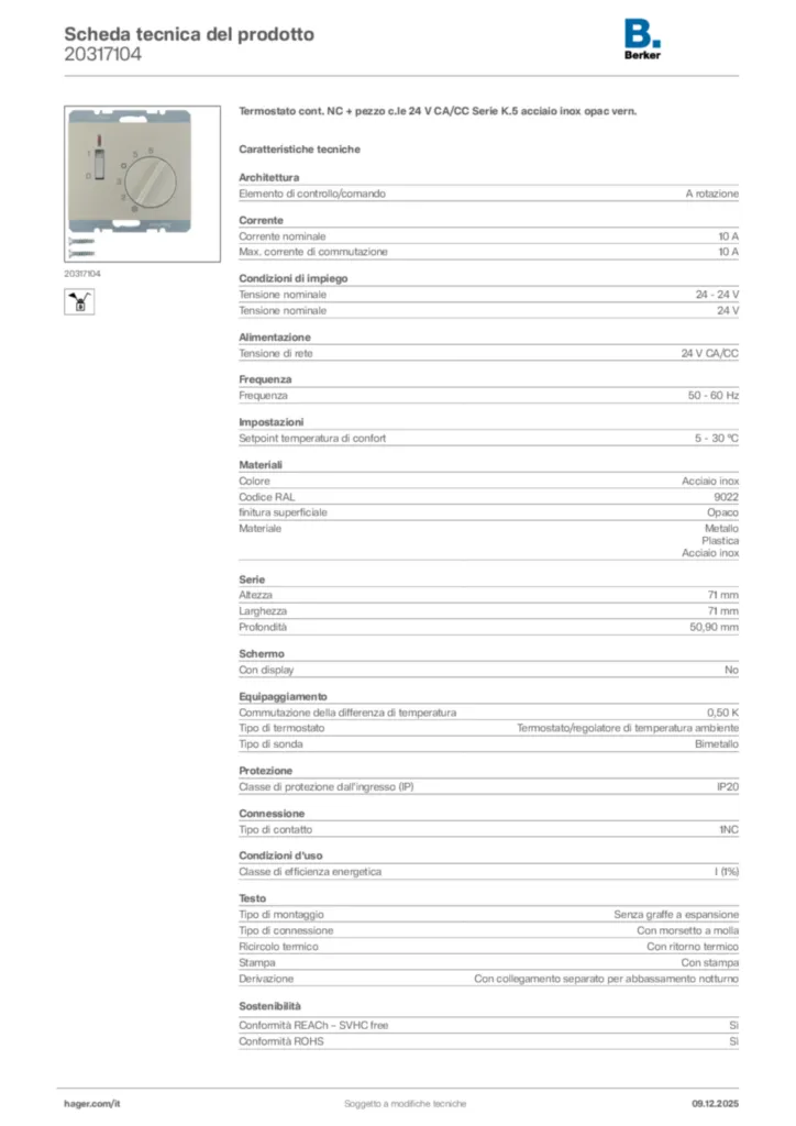 Immagine Berker Scheda tecnica del prodotto 20317104 | Hager Italia