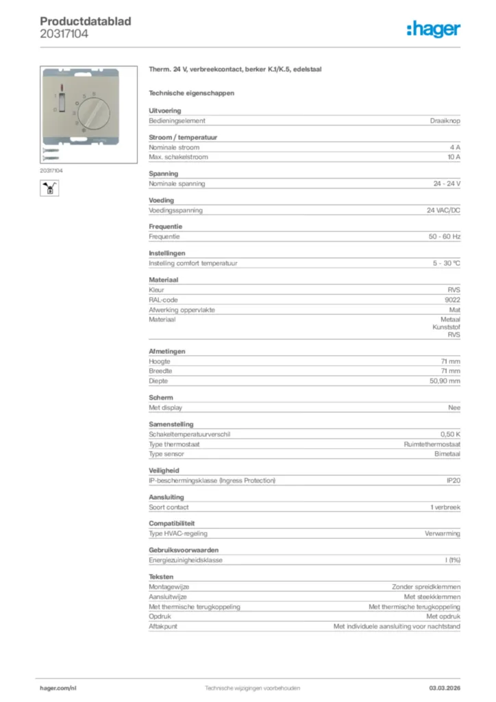 Afbeelding Hager Productdatablad 20317104 | Hager Nederland