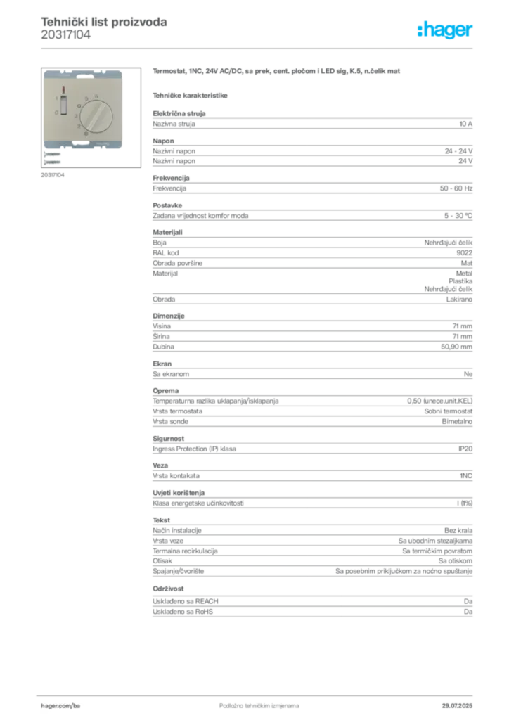 Slika Hager Product data sheet 20317104  | Hager