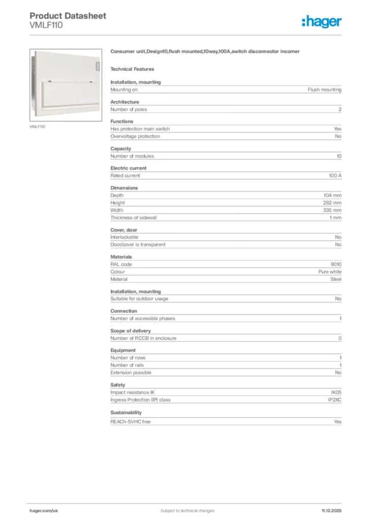 Image Hager Product data sheet VMLF110  | Hager