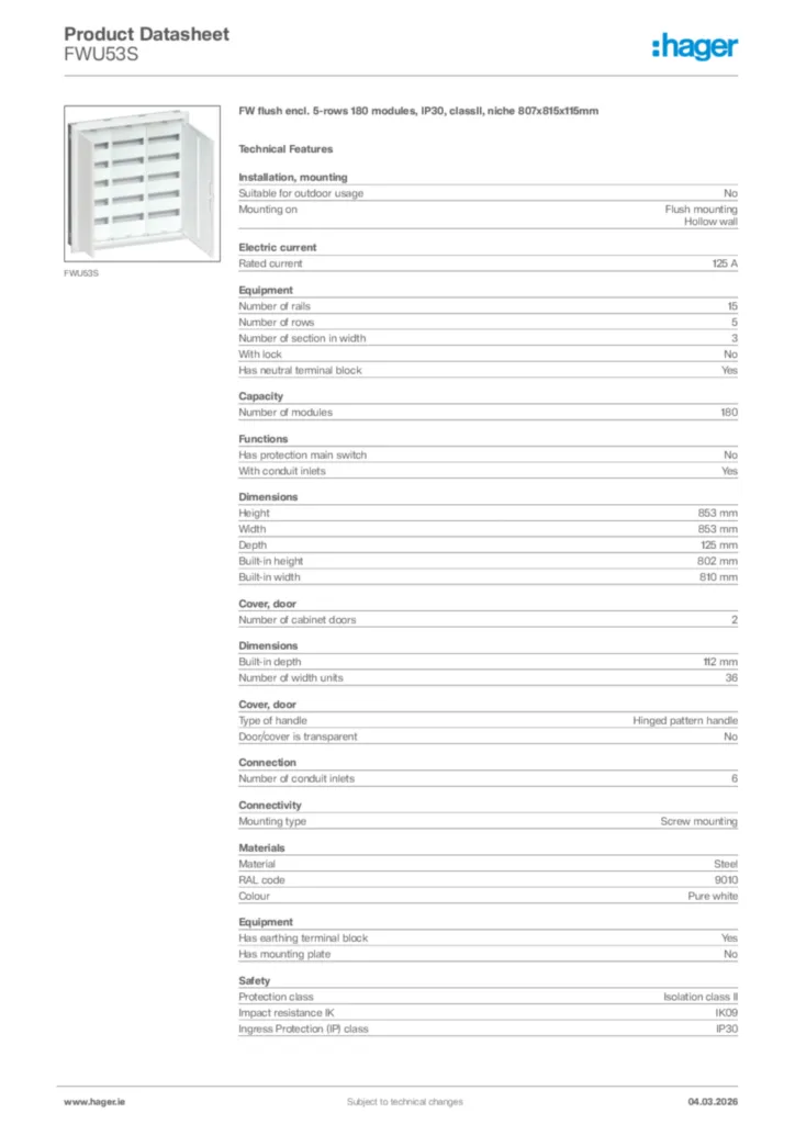 Image Hager Product data sheet FWU53S  | Hager