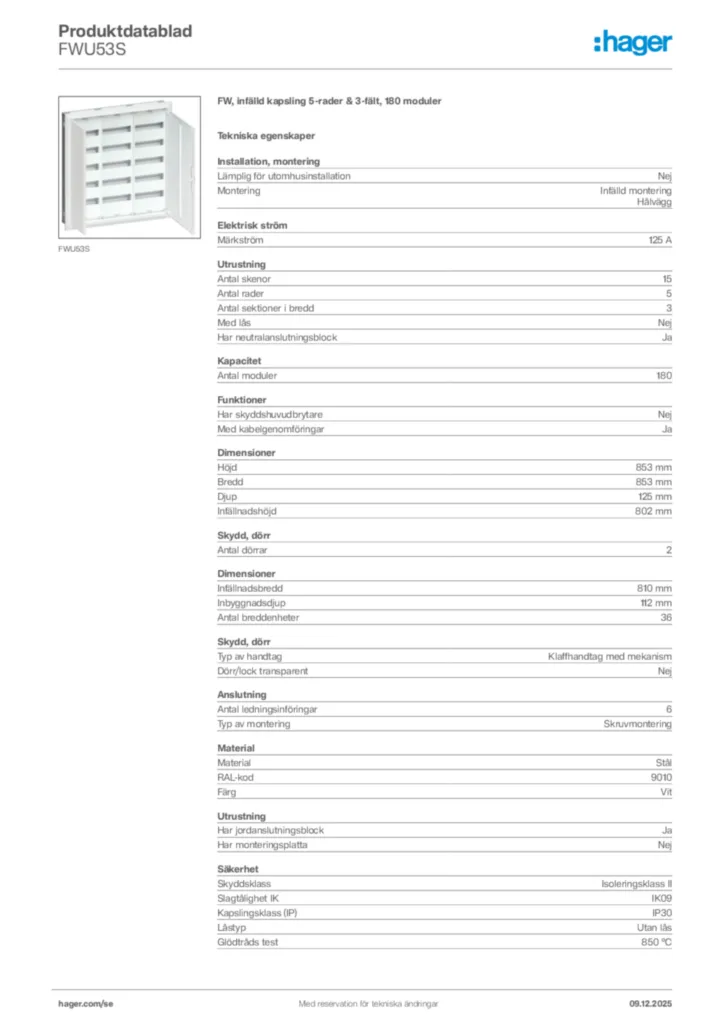 Bild Hager Produktdatablad FWU53S | Hager Sverige