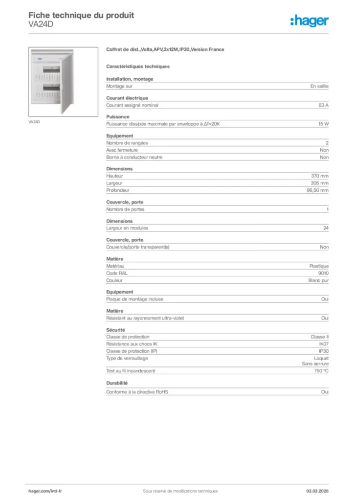 Image Hager Fiche technique du produit VA24D | Hager Afrique