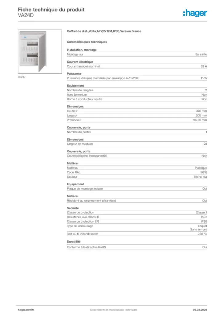 Image Hager Fiche technique du produit VA24D | Hager France