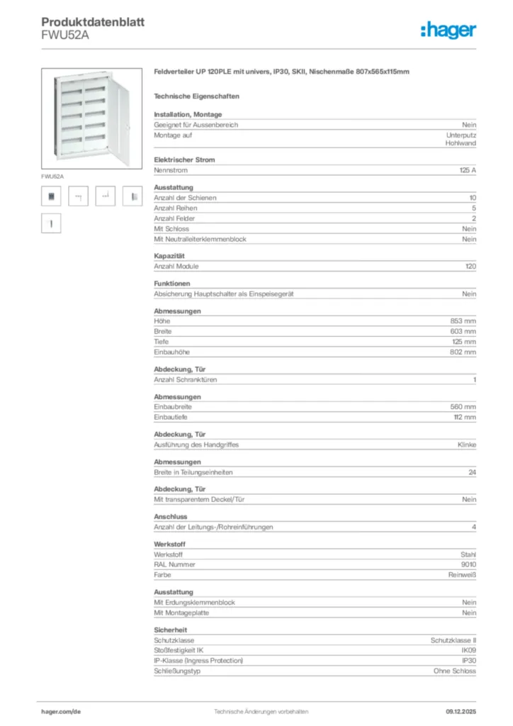 Bild Hager Produktdatenblatt FWU52A | Hager Deutschland