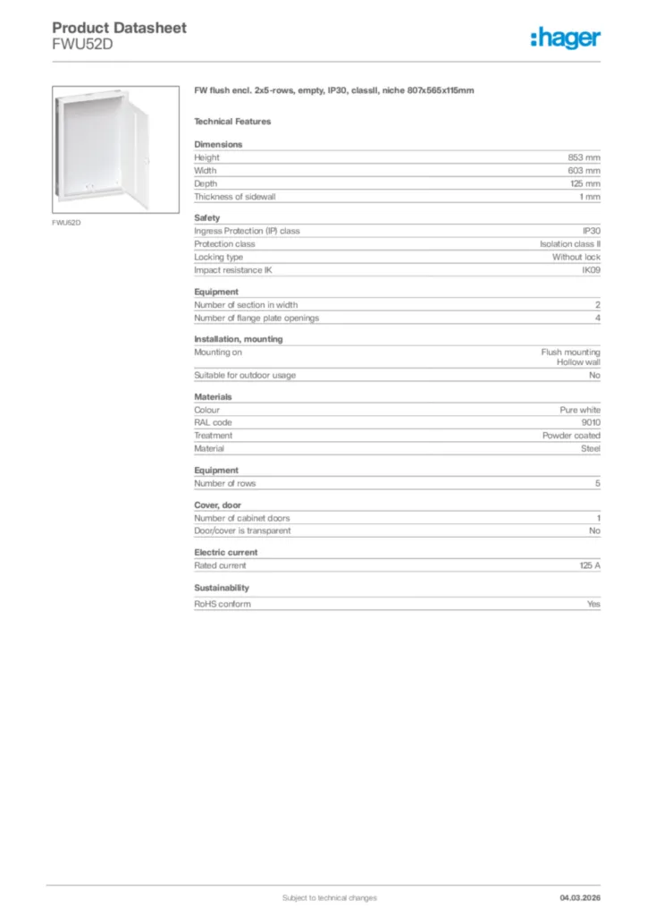 Image Hager Product data sheet FWU52D  | Hager Africa