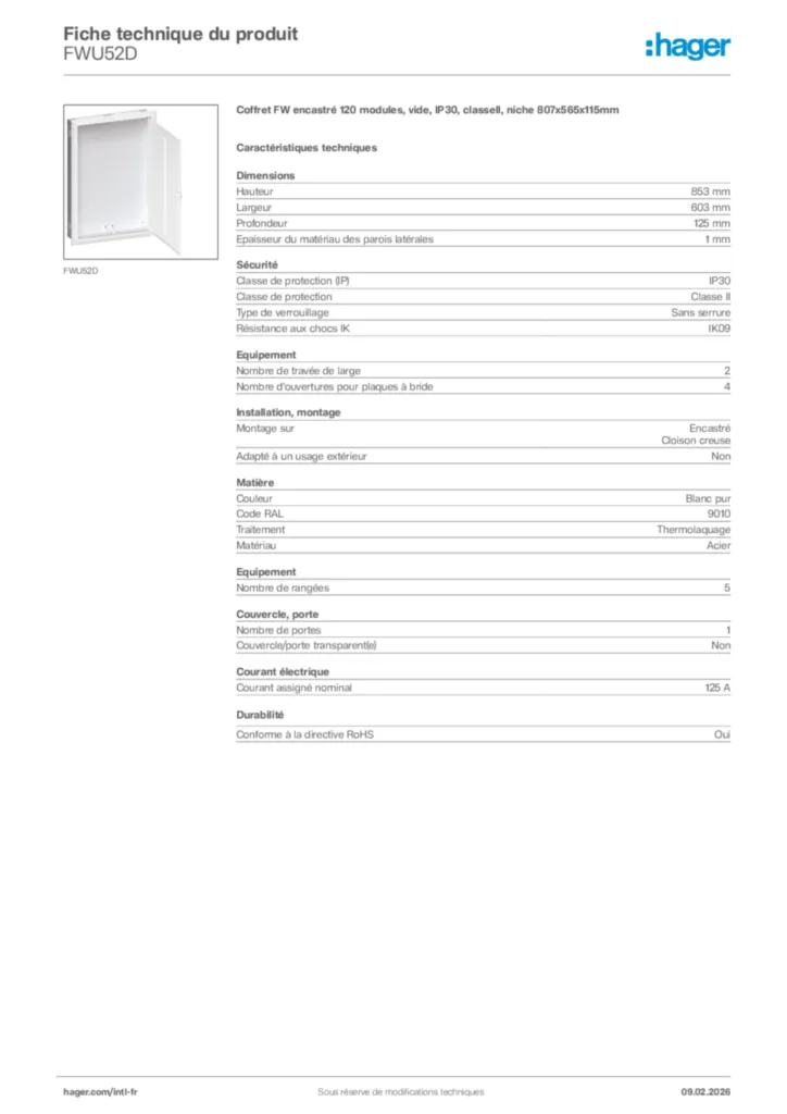 Image Hager Fiche technique du produit FWU52D | Hager Afrique