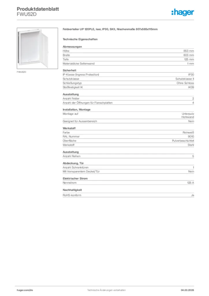 Bild Hager Produktdatenblatt FWU52D | Hager Deutschland