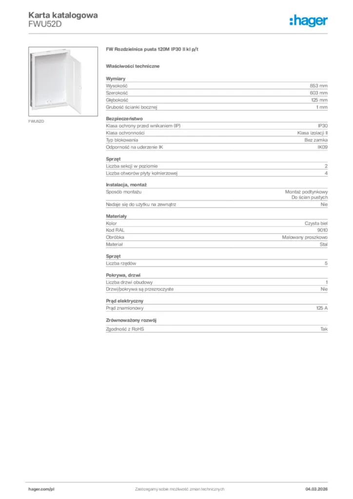 Zdjęcie Hager Karta katalogowa FWU52D | Hager Polska