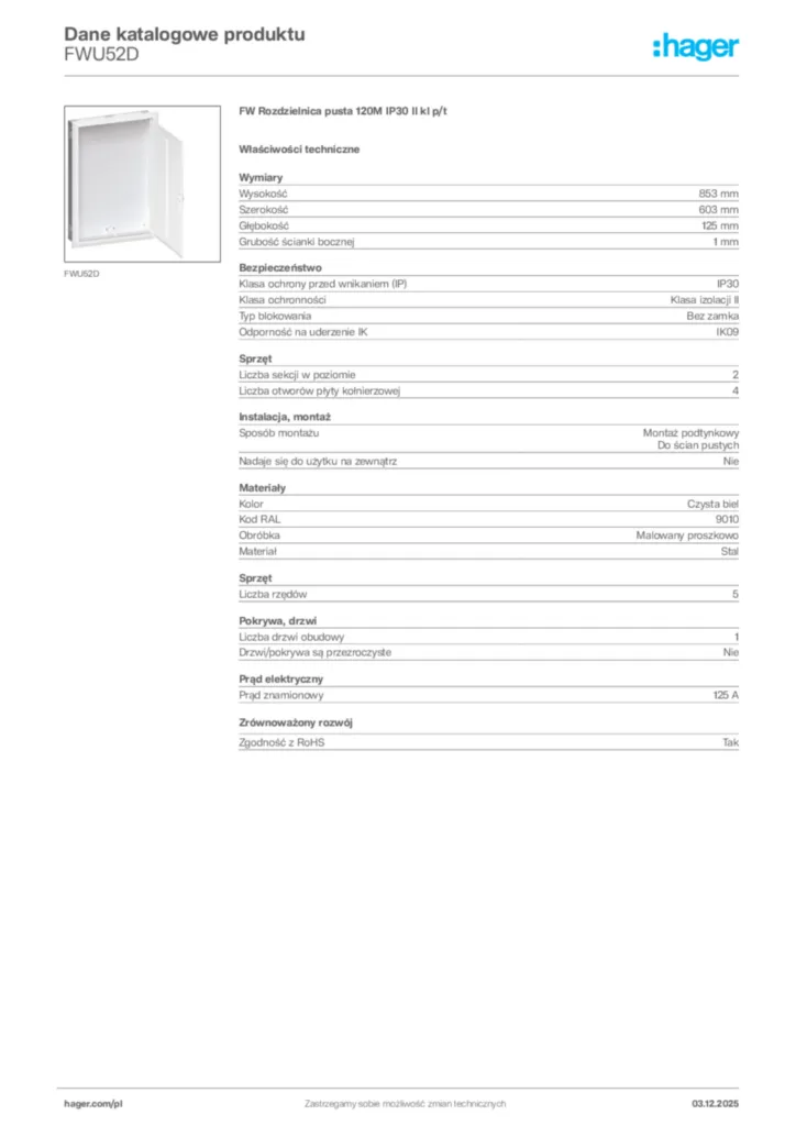 Zdjęcie Hager Dane katalogowe produktu FWU52D | Hager Polska
