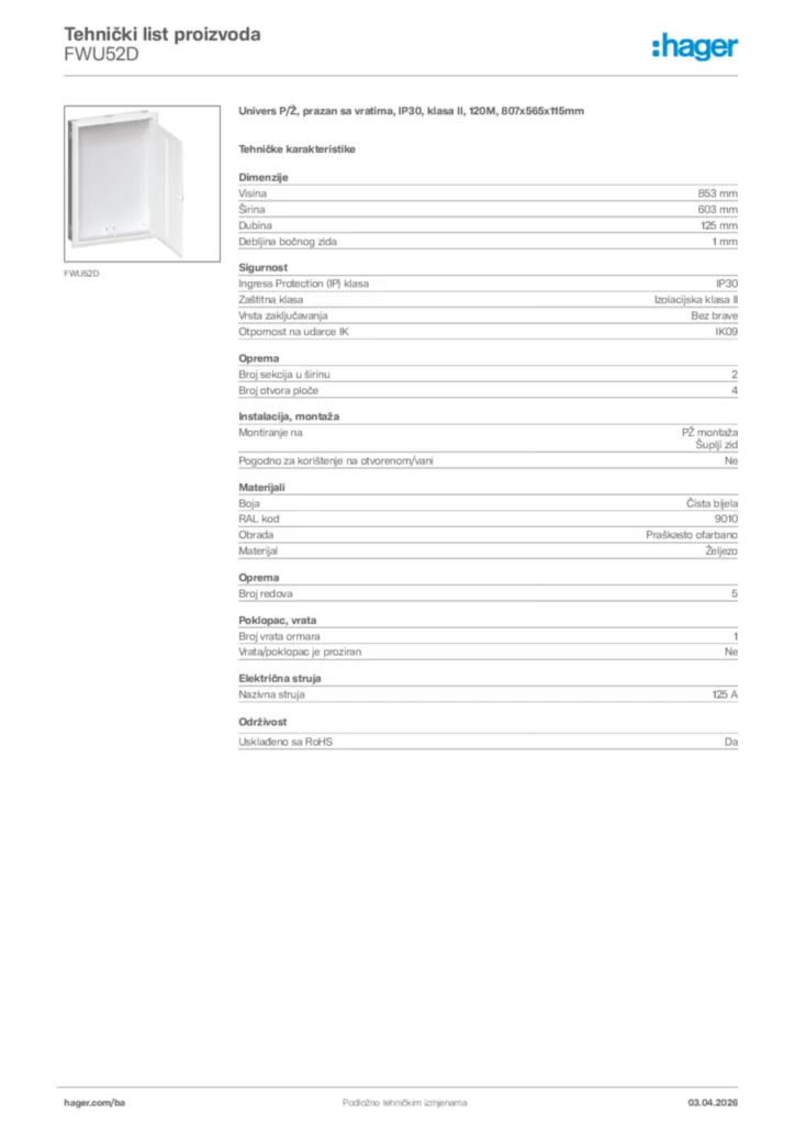 Slika Hager Tehnički list proizvoda FWU52D  | Hager