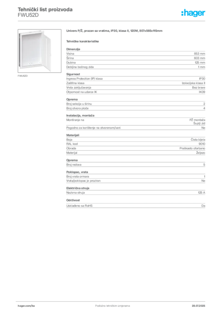 Slika Hager Product data sheet FWU52D  | Hager