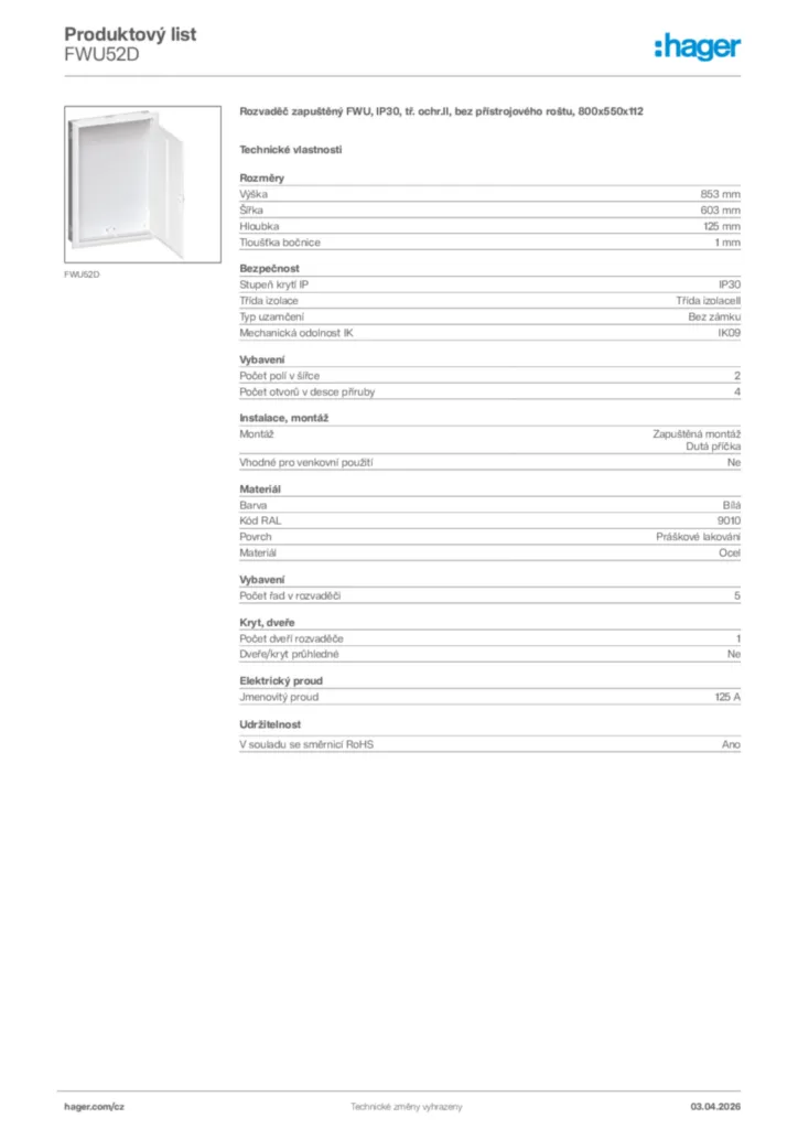 Obrázek Hager Product data sheet FWU52D | Hager