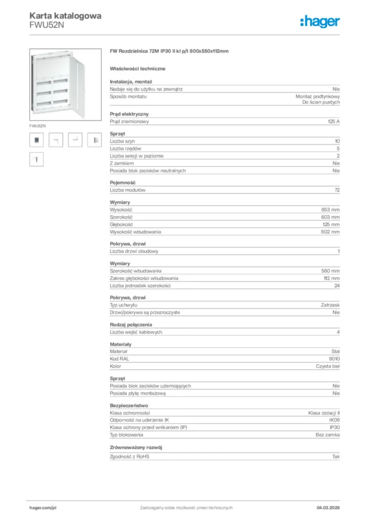 Zdjęcie Hager Karta katalogowa FWU52N | Hager Polska