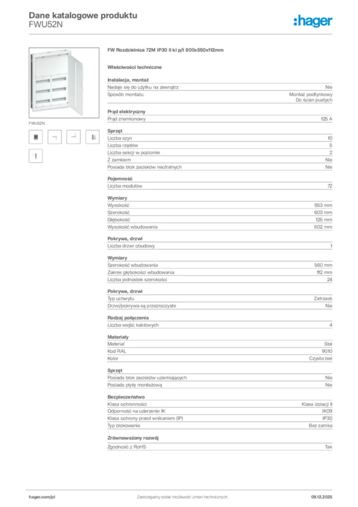 Zdjęcie Hager Karta katalogowa FWU52N | Hager Polska