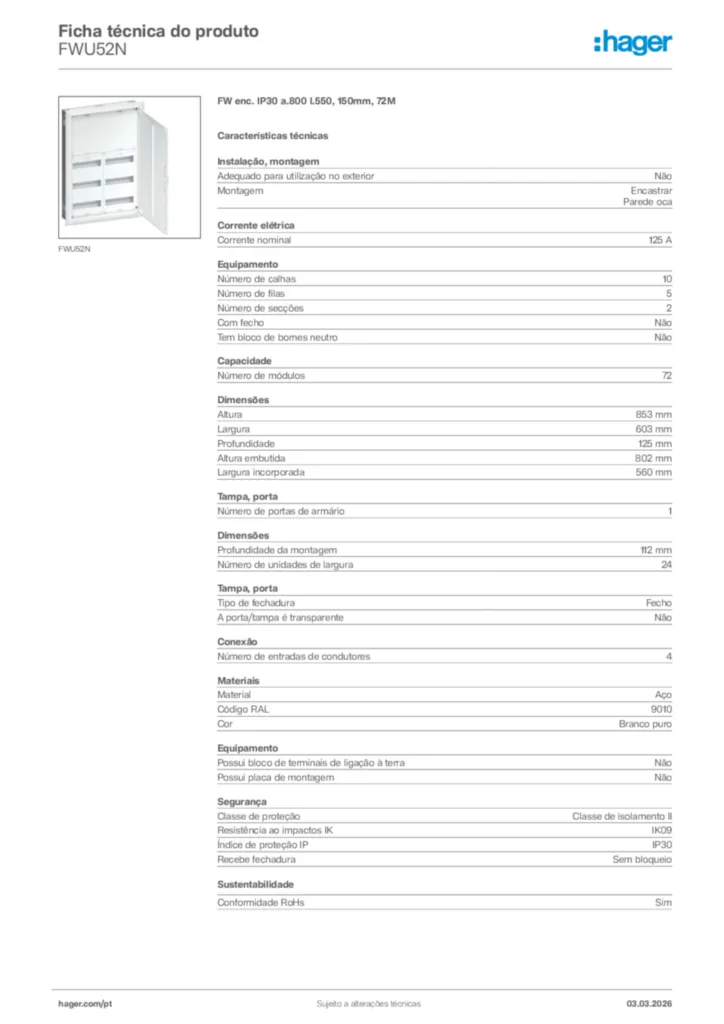 Imagem Hager Ficha técnica do produto FWU52N | Hager Portugal