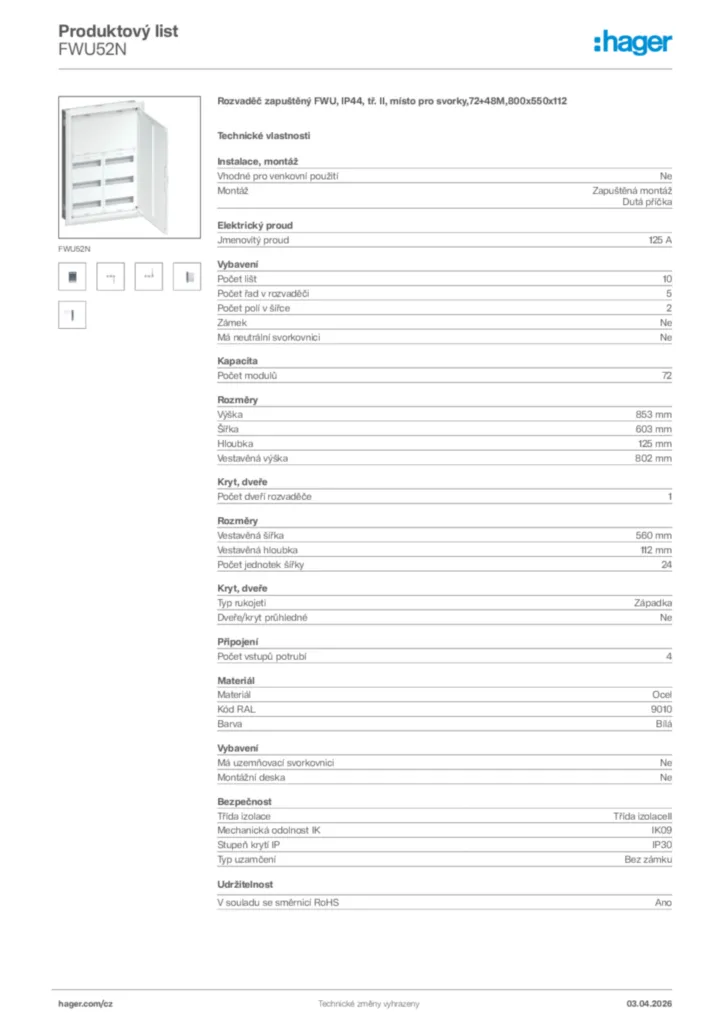 Obrázek Hager Product data sheet FWU52N | Hager