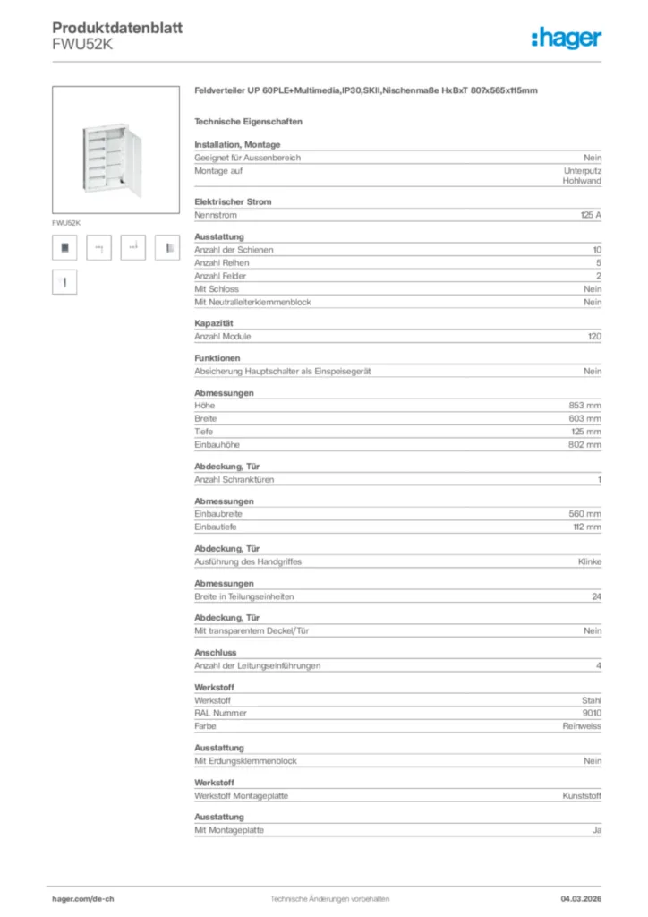 Bild Hager Produktdatenblatt FWU52K | Hager Schweiz