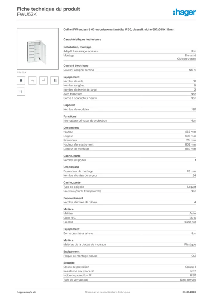 Image Hager Fiche technique du produit FWU52K | Hager Suisse