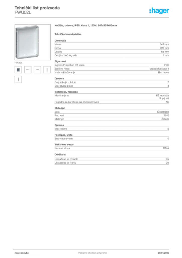 Slika Hager Product data sheet FWU52L  | Hager