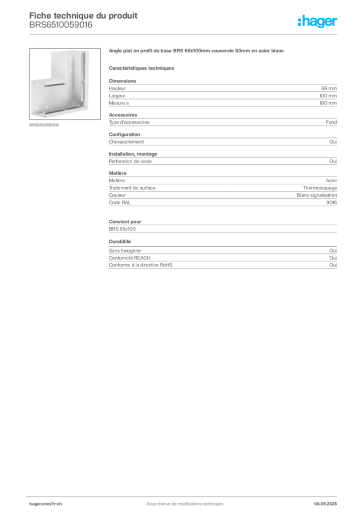 Image Hager Fiche technique du produit BRS6510059016 | Hager Suisse