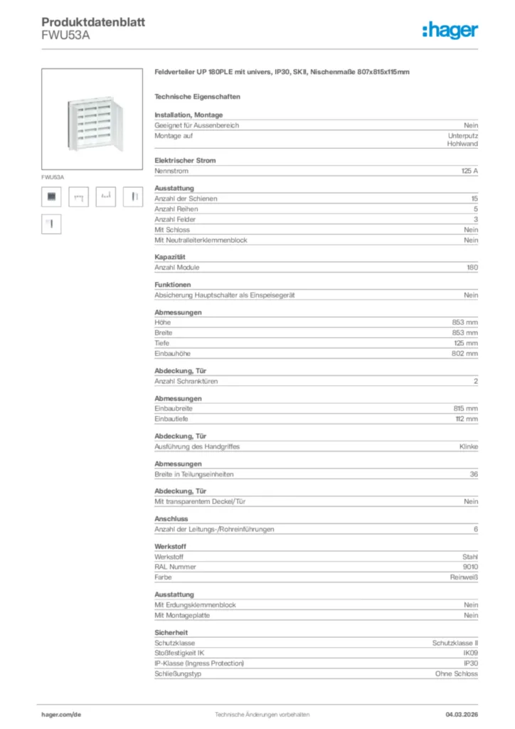 Bild Hager Produktdatenblatt FWU53A | Hager Deutschland