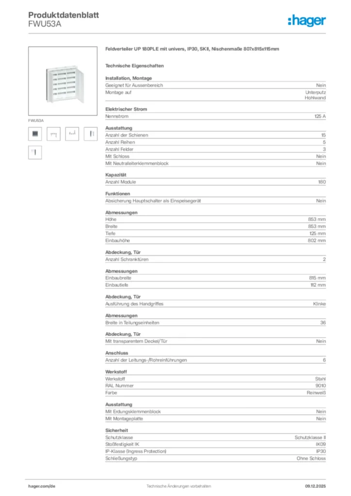 Bild Hager Produktdatenblatt FWU53A | Hager Deutschland