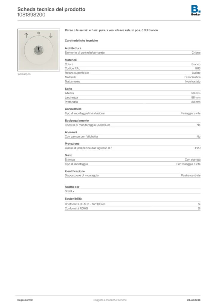 Immagine Berker Scheda tecnica del prodotto 1081898200 | Hager Italia