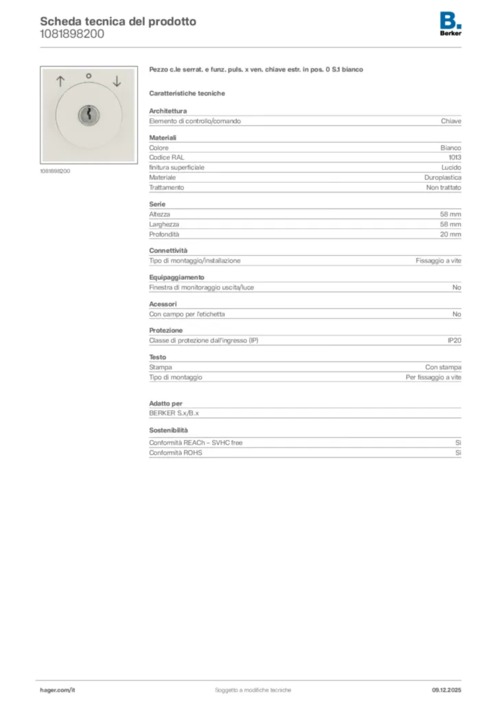 Immagine Berker Scheda tecnica del prodotto 1081898200 | Hager Italia